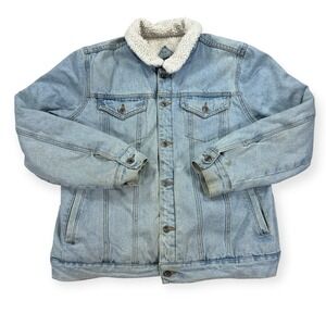 XXX Rude Trucker Jacket Men's Large‎ Blue Denim Light Wash Sherpa Lined Coat